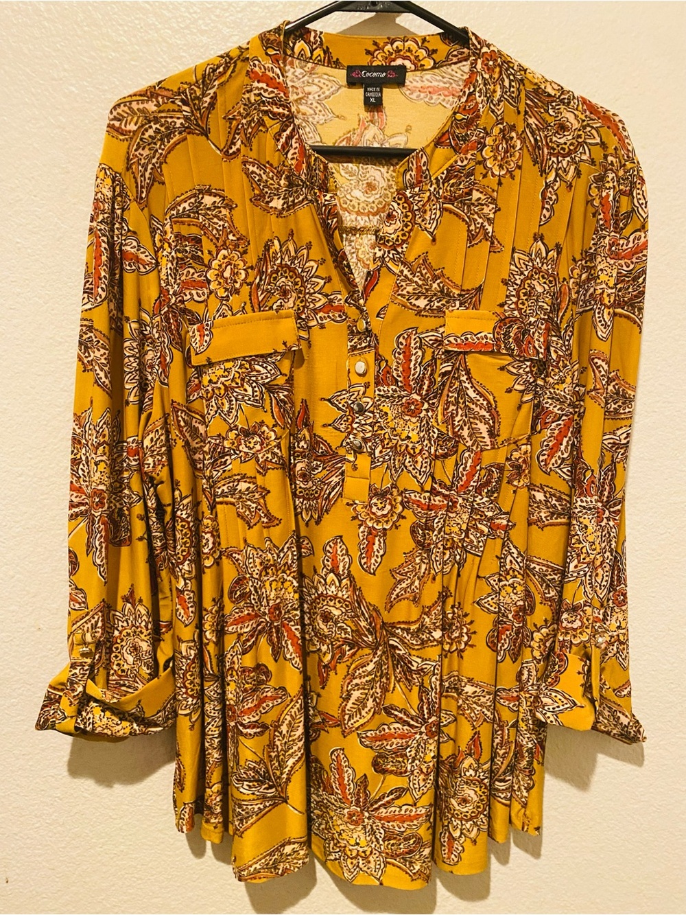 Cocomo Mustard Floral Split V-Neck Tunic